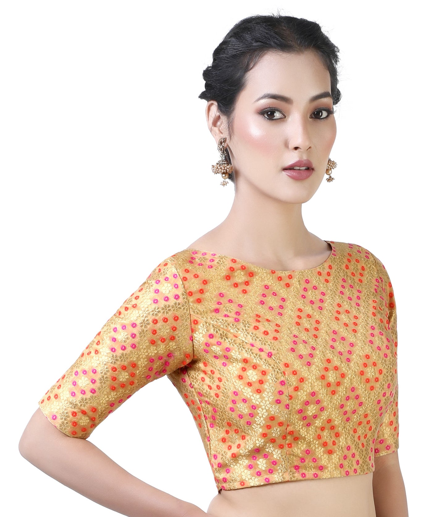 Women Gold Bandhni Brocade Saree Blouse  (1pc)