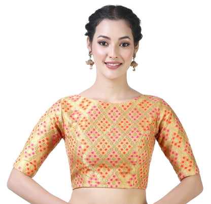 Women Gold Bandhni Brocade Saree Blouse  (1pc)