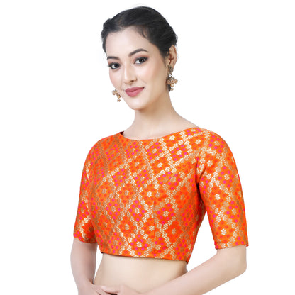 Women's Orange Color Bandhni Brocade Saree Blouse with Golden Zari Weave