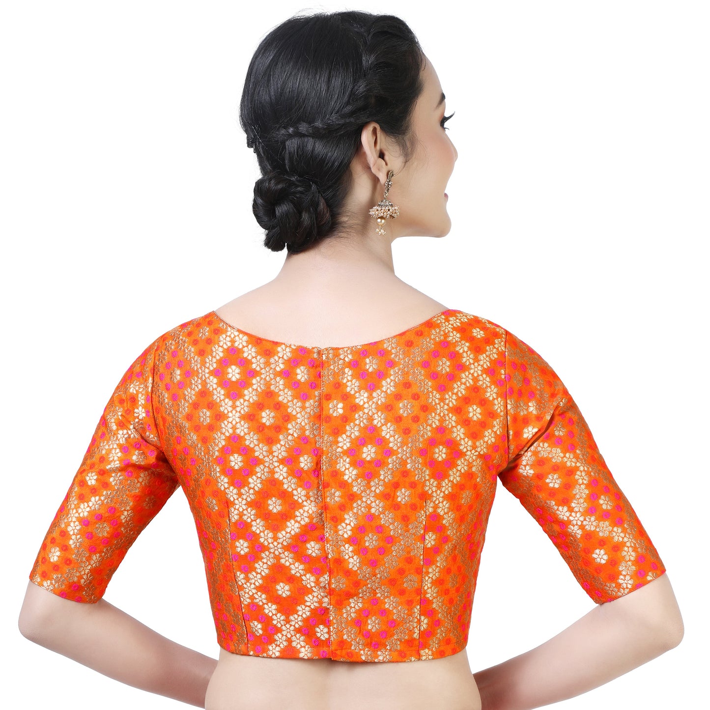 Women's Orange Color Bandhni Brocade Saree Blouse with Golden Zari Weave