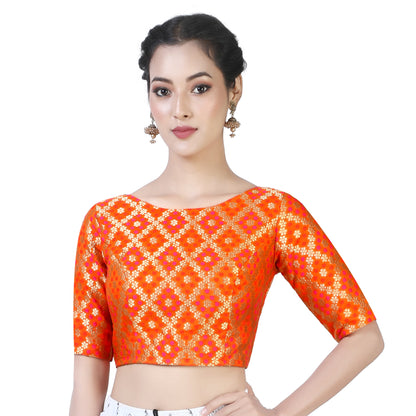 Women's Orange Color Bandhni Brocade Saree Blouse with Golden Zari Weave