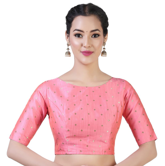 Women Pink Golden Saree Blouse  (1pc)