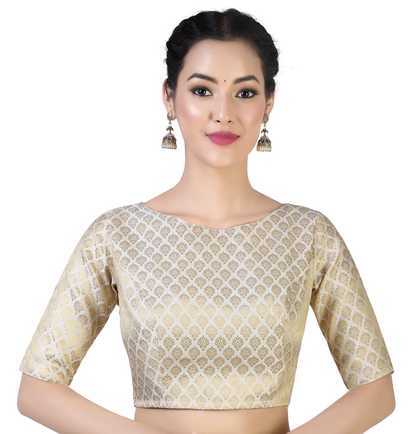 Women Cream Brocade Saree Blouse  (1pc)