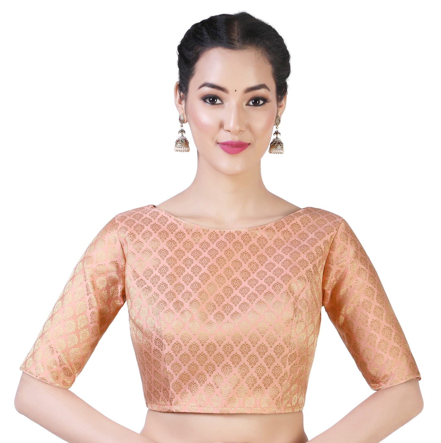 Women Peach Pastel Brocade Saree Blouse  (1pc)