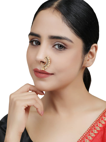 Traditional Gold-Plated Marathi Nose Nath With Pearls