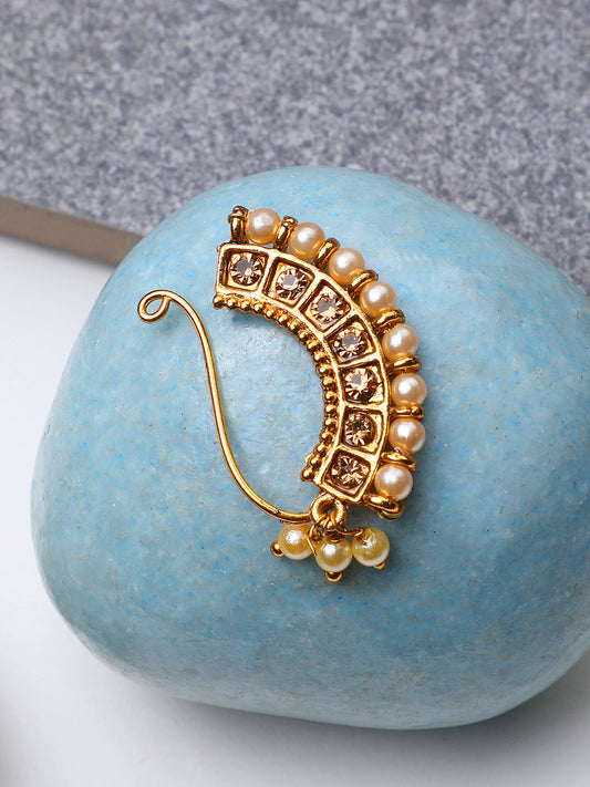 Traditional Gold-Plated Marathi Nose Nath With Pearls