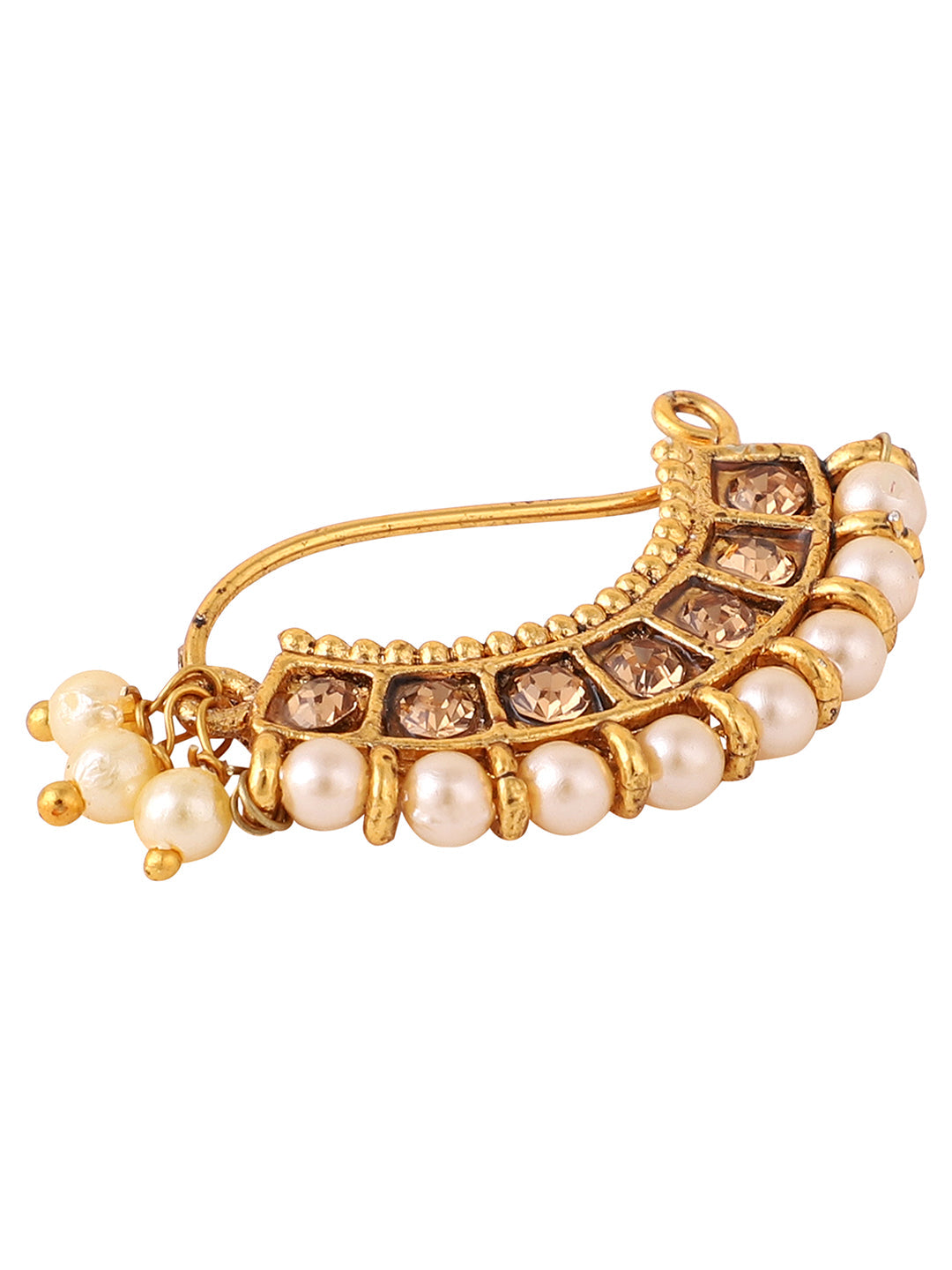 Traditional Gold-Plated Marathi Nose Nath With Pearls