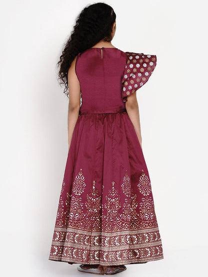 Girl's Burgundy & White Block Print Ready to Wear Lehenga With Choli