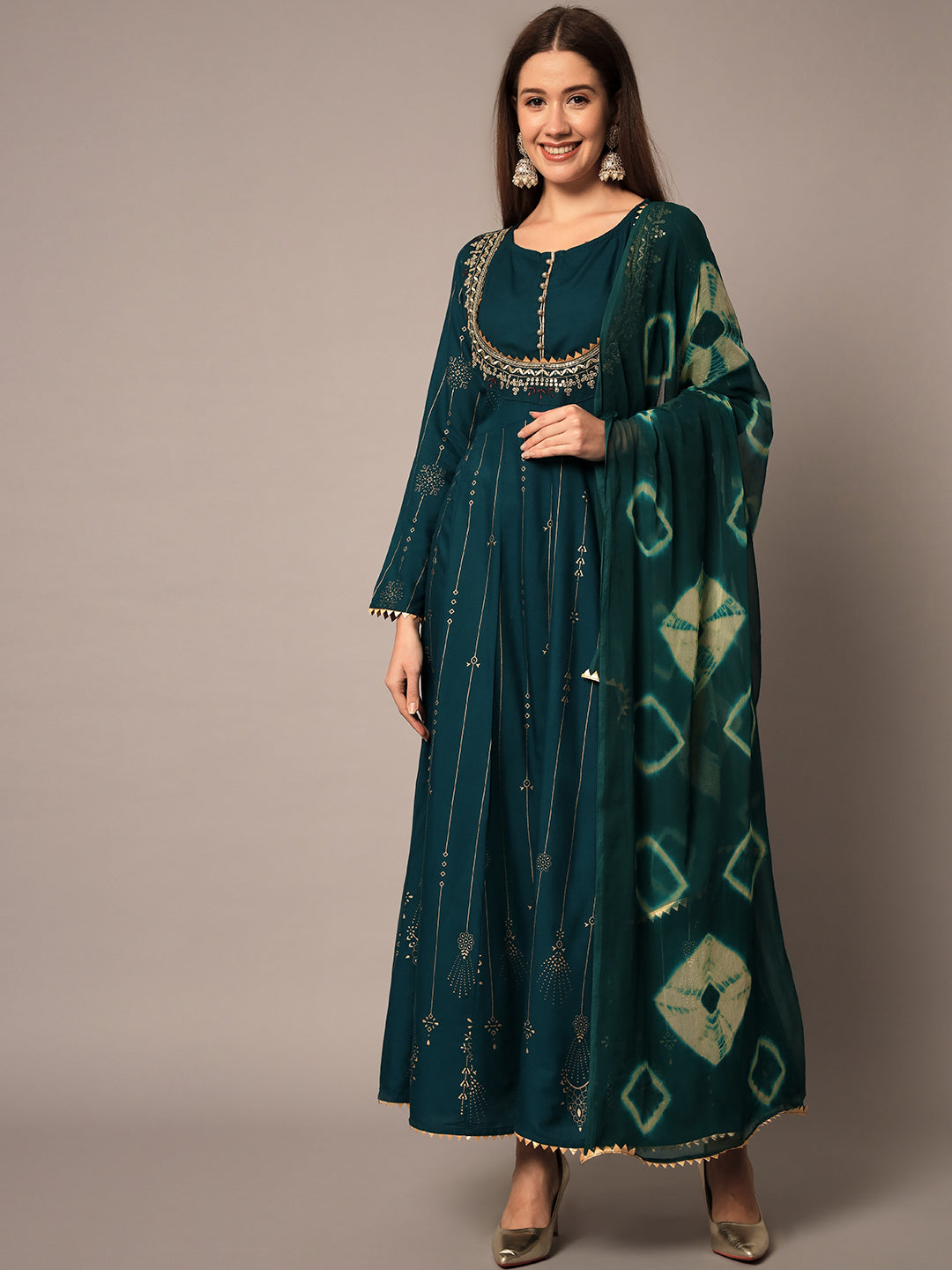 Women's  & Bottle Green Ethnic Motifs Maxi Dress