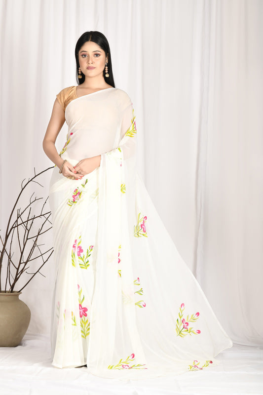 Women's Hand Painted Off White Saree With All-Over Vegetable Dyes With Blouse