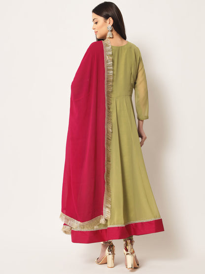 Women's Olive Green Georgette Anarkali With Churidaar And Dupatta