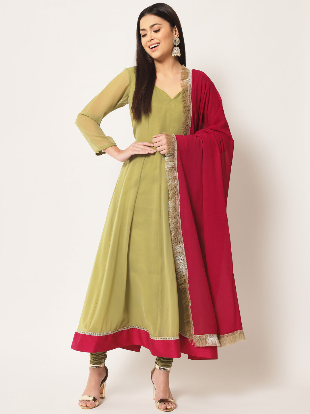 Women's Olive Green Georgette Anarkali With Churidaar And Dupatta