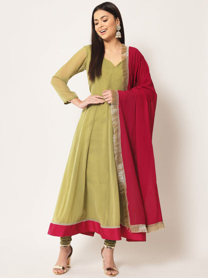 Women's Olive Green Georgette Anarkali With Churidaar And Dupatta