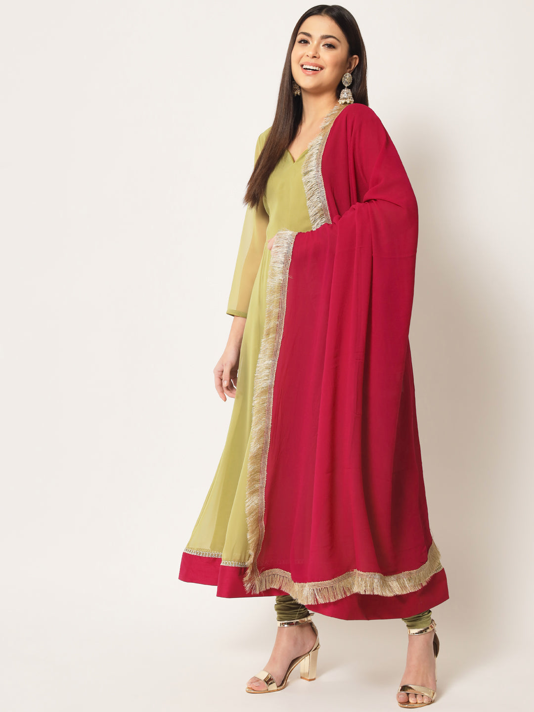 Women's Olive Green Georgette Anarkali With Churidaar And Dupatta