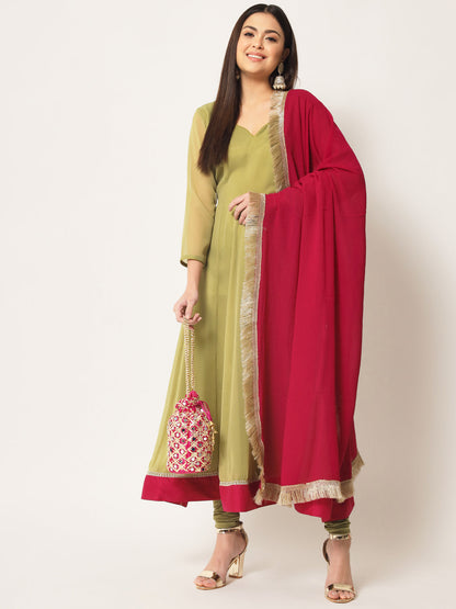 Women's Olive Green Georgette Anarkali With Churidaar And Dupatta