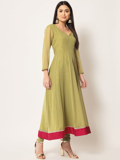 Women's Olive Green Georgette Anarkali With Churidaar And Dupatta