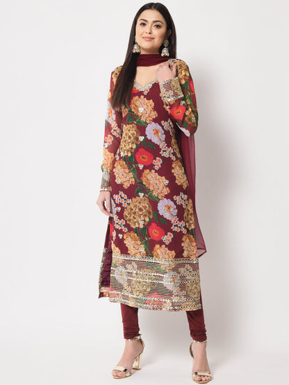 Women's Wine Floral Printed Embroidered Kurti With Churidaar And Dupatta