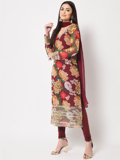 Women's Wine Floral Printed Embroidered Kurti With Churidaar And Dupatta