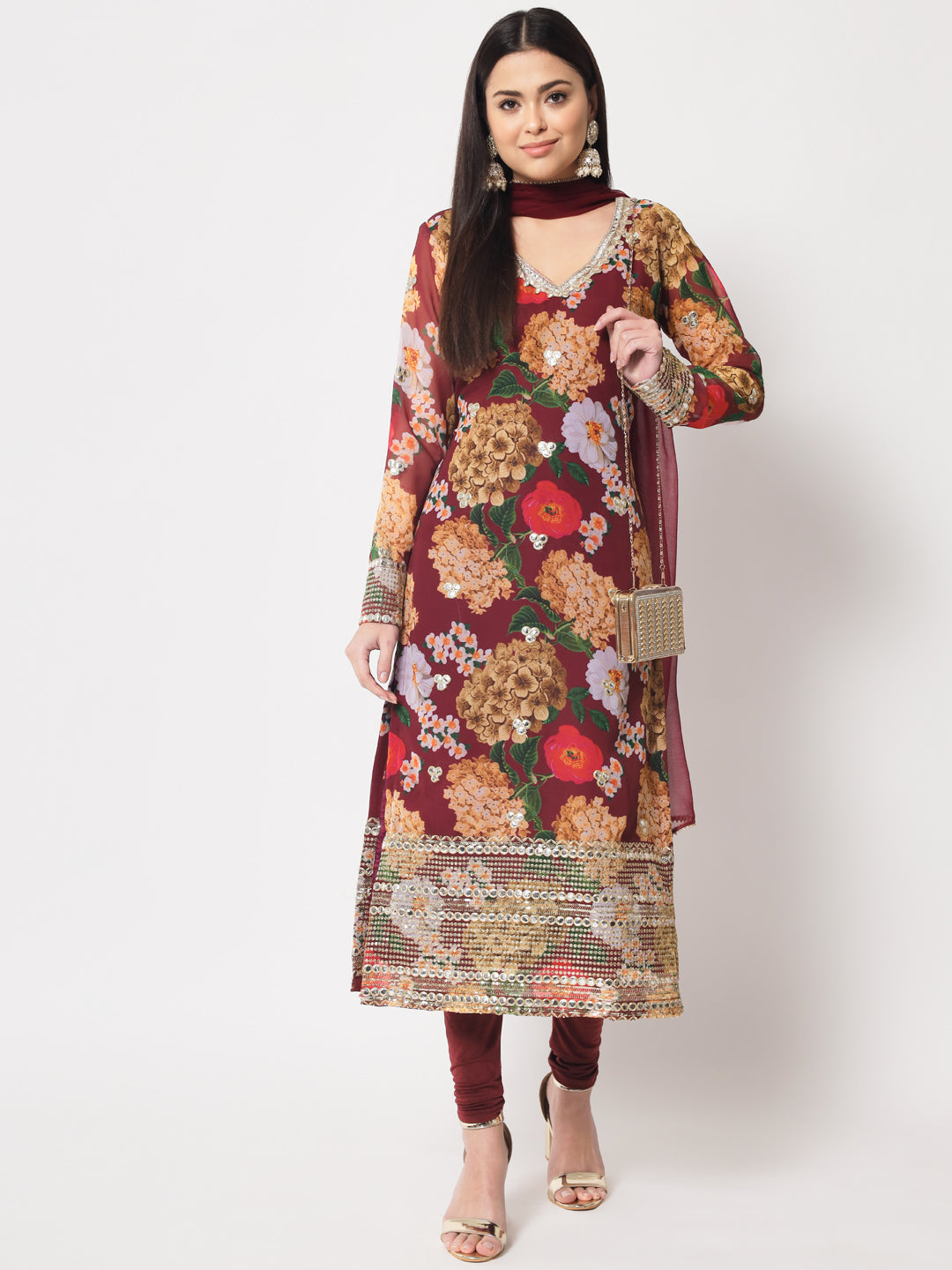 Women's Wine Floral Printed Embroidered Kurti With Churidaar And Dupatta