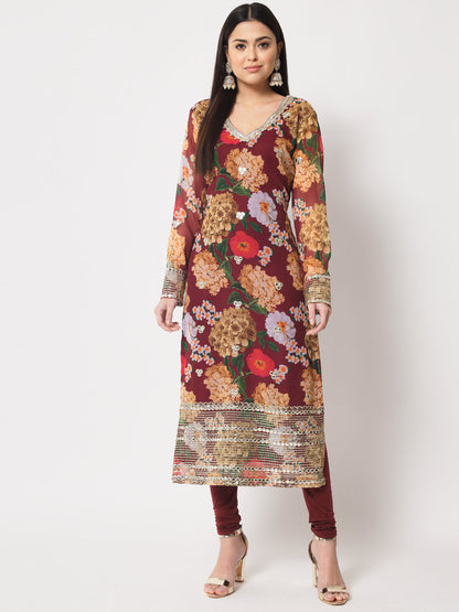 Women's Wine Floral Printed Embroidered Kurti With Churidar