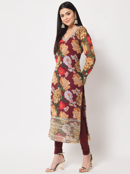 Women's Wine Floral Printed Embroidered Kurti With Churidar