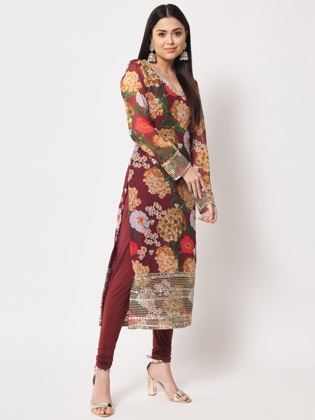 Women's Wine Floral Printed Embroidered Kurti With Churidar