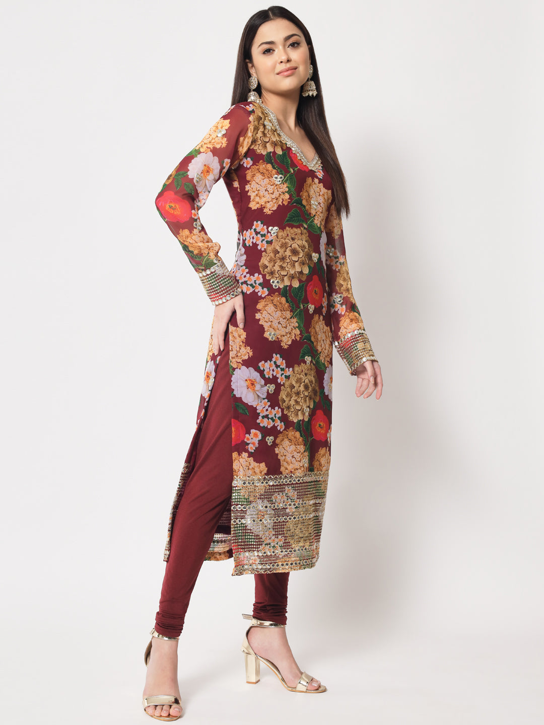 Women's Wine Floral Printed Embroidered Kurti With Churidaar And Dupatta