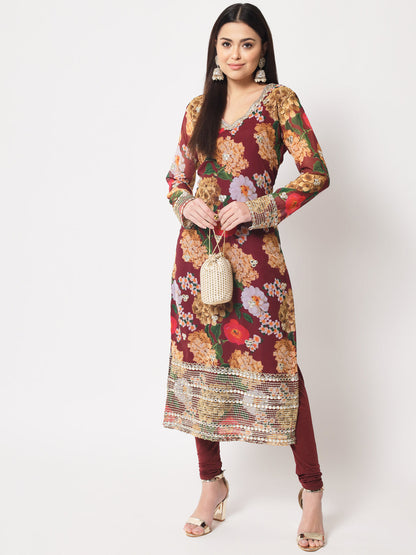 Women's Wine Floral Printed Embroidered Kurti With Churidar