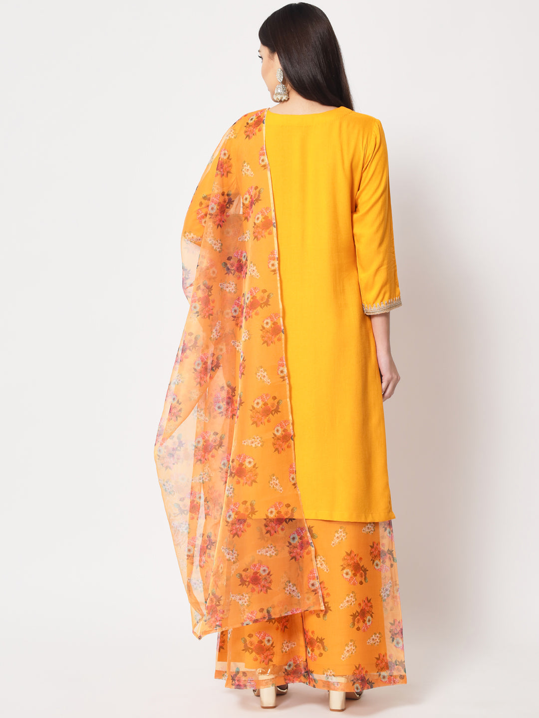 Women's Floral Mustard Straight Kurti With Floral Palazzo And Dupatta