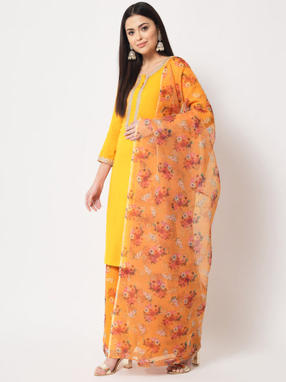 Women's Floral Mustard Straight Kurti With Floral Palazzo And Dupatta