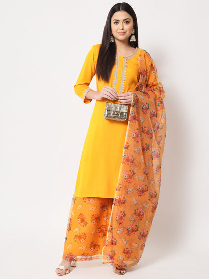 Women's Floral Mustard Straight Kurti With Floral Palazzo And Dupatta