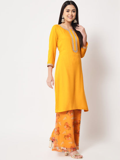 Women's Floral Mustard Straight Kurti With Floral Palazzo And Dupatta