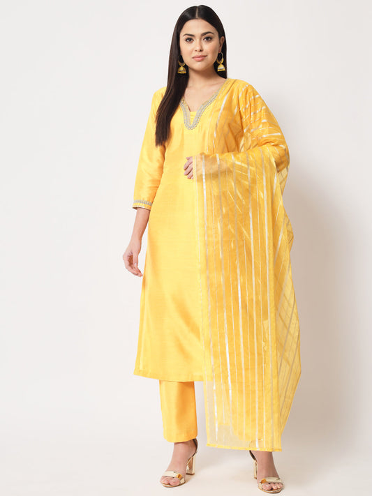 Women's Mustard Smiles Straight Kurti With Pants And Dupatta