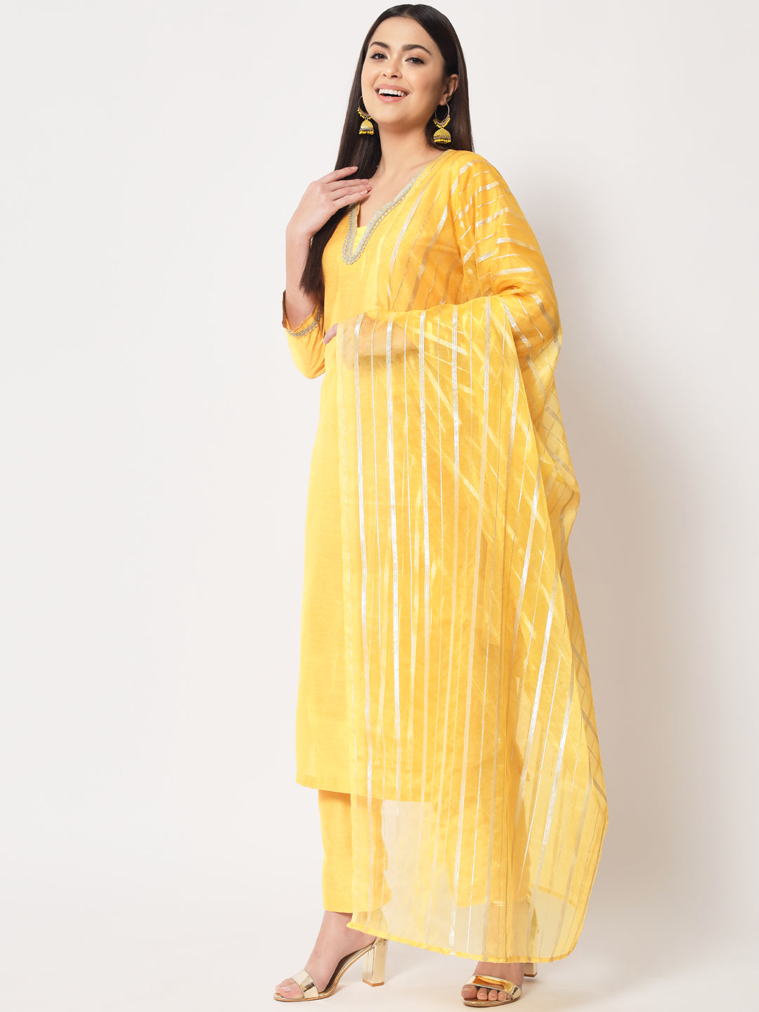 Women's Mustard Smiles Straight Kurti With Pants And Dupatta