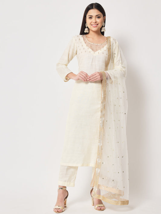 Women's Glowing Ivory Straight Kurti With Straight Pants And Dupatta