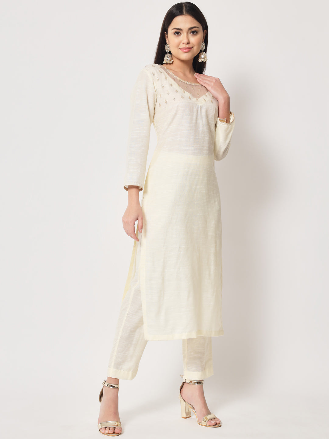 Women's Glowing Ivory Straight Kurti With Straight Pants