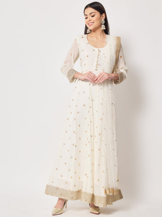 Women's Absolute Ivory Sequin Anarkali With Churidaar And Dupatta