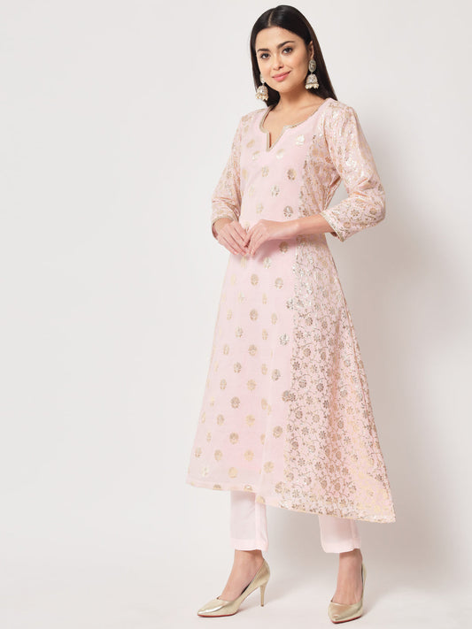 Women's Pink Lotus Chanderi Brocade A-Line Kurti With Pants