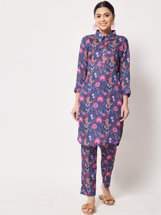 Women's Blue Floral Collared Co-Ord Set