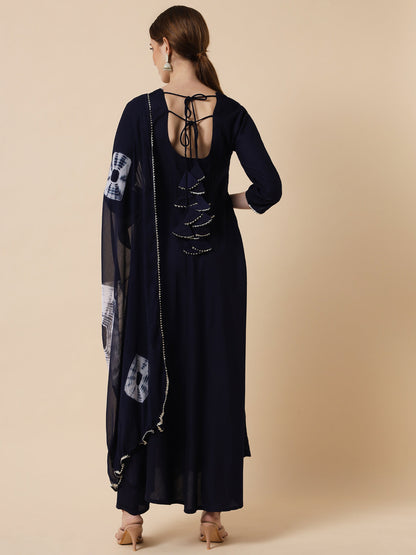 Women's Navy Blue Ethnic Motifs Panelled Kurta with Trousers & With Dupatta