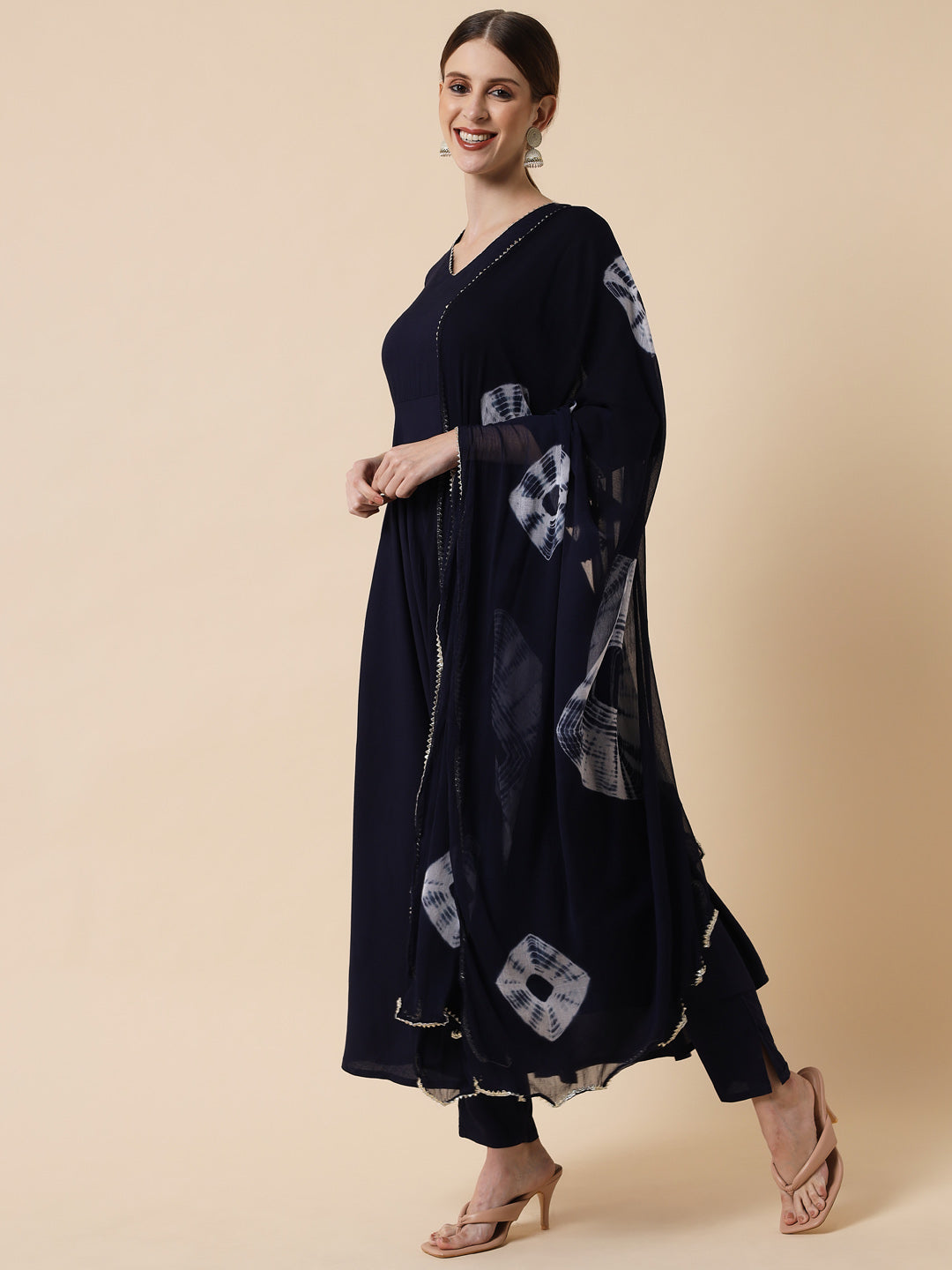 Women's Navy Blue Ethnic Motifs Panelled Kurta with Trousers & With Dupatta