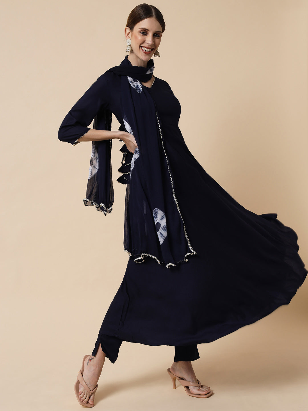 Women's Navy Blue Ethnic Motifs Panelled Kurta with Trousers & With Dupatta