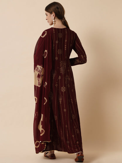 Women's Maroon & chocolate brown Ethnic Motifs Maxi Dress