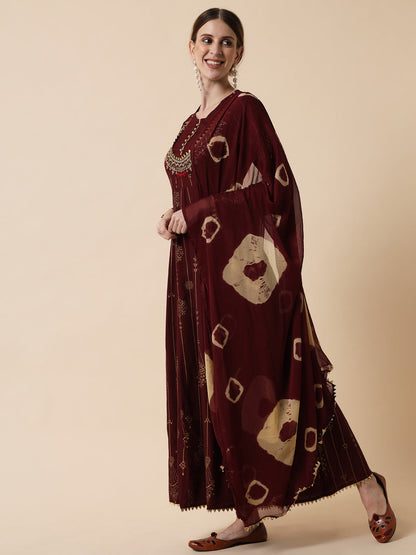 Women's Maroon & chocolate brown Ethnic Motifs Maxi Dress