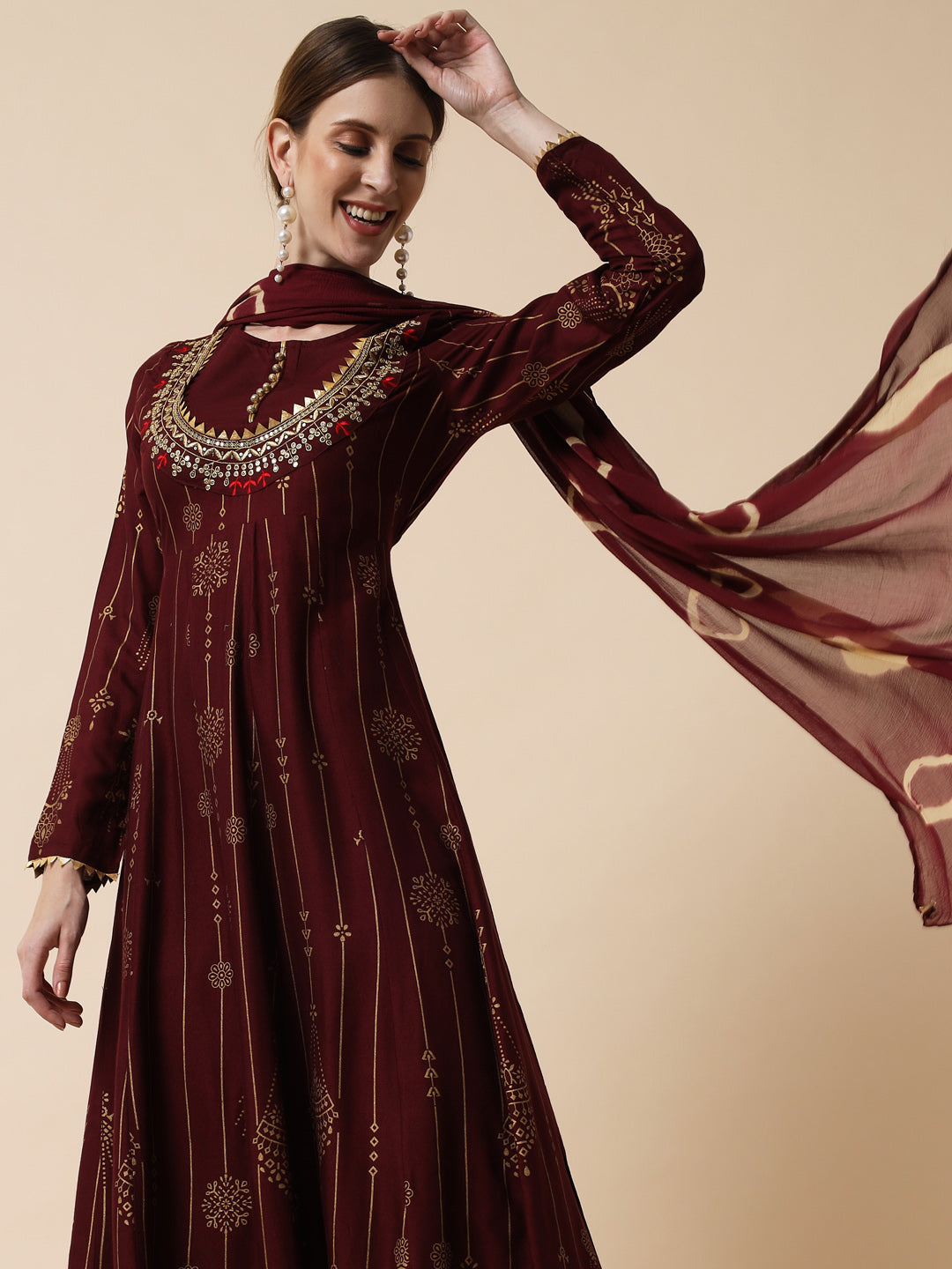 Women's Maroon & chocolate brown Ethnic Motifs Maxi Dress