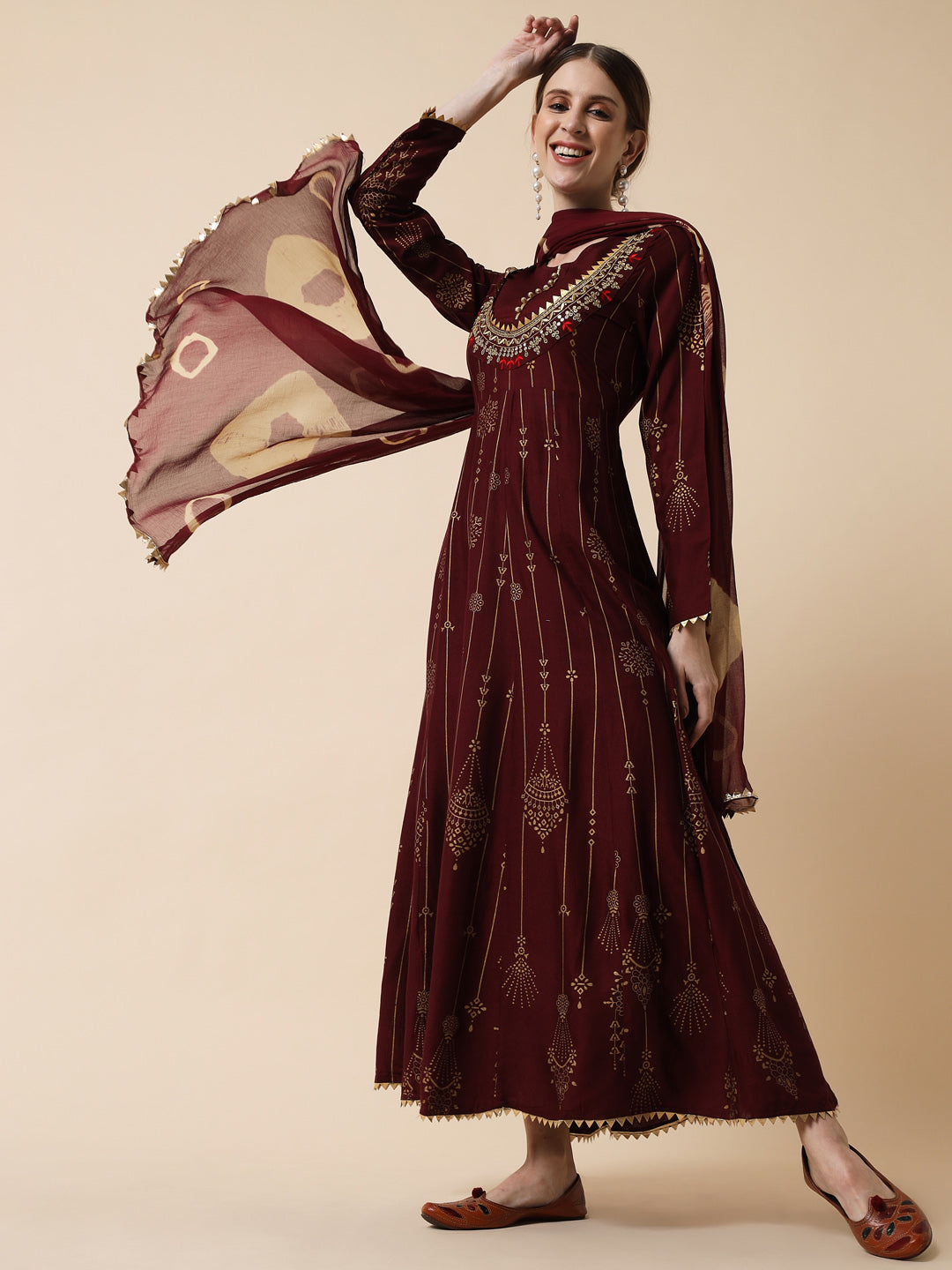 Women's Maroon & chocolate brown Ethnic Motifs Maxi Dress