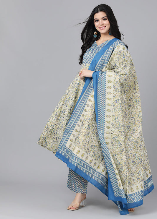 Women's Grey Printed Kurta Palazzo With Dupatta