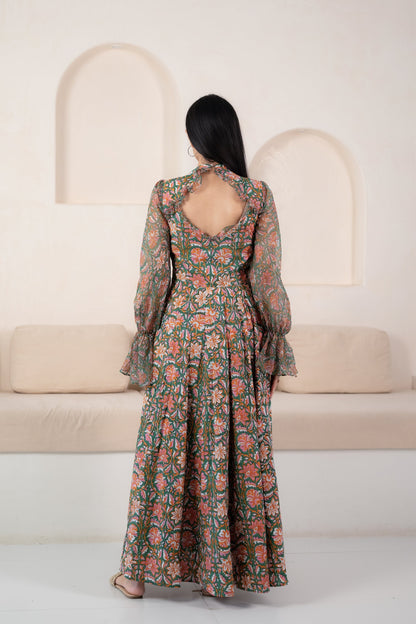 Green Floral Printed Gown For Women - (1Pc Set)