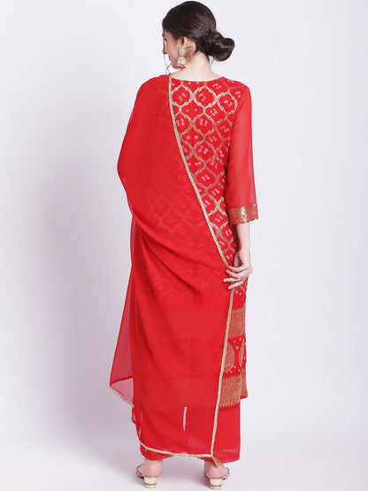 Women's Red Bandhej Bridal Kurti With Straight Palazzo Georgette Dupatta