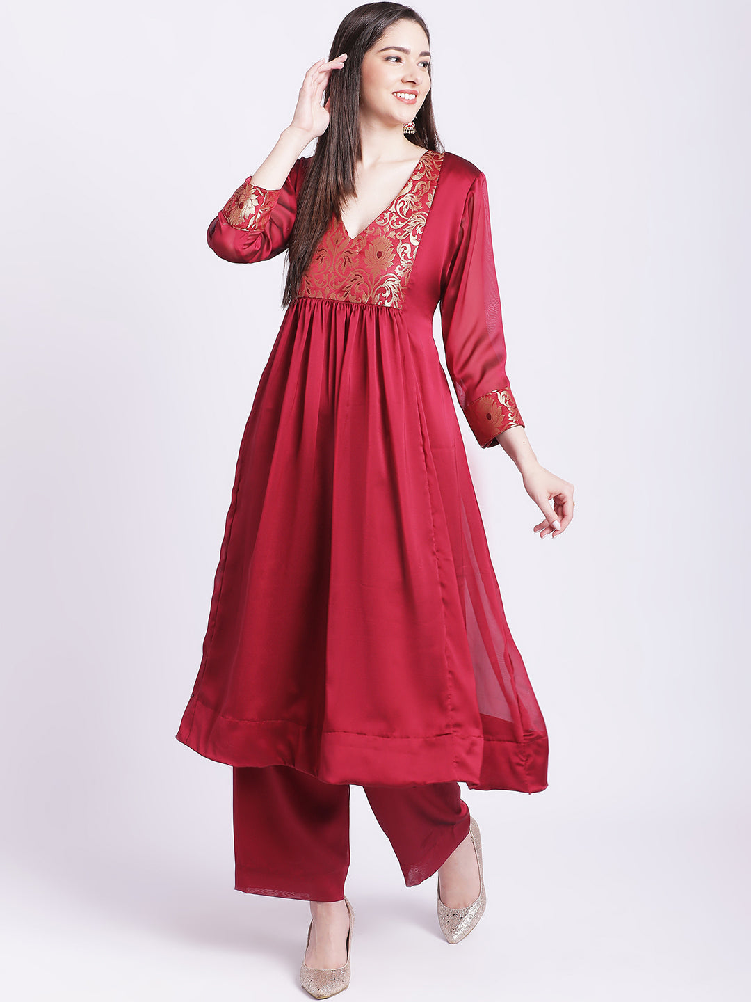 Women's Alluring Maroon Yoke Gathered Kurti With Palazzo